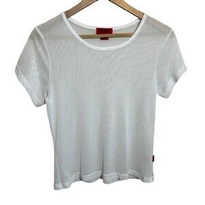 Tripp NYC Fishnet Baby Doll Tee L White Short Sleeve Cropped Stretch Mesh